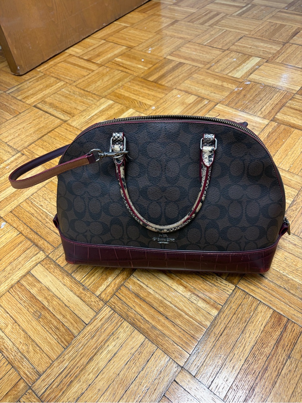Coach Brown Signature Dome Satchel with Burgundy Trim